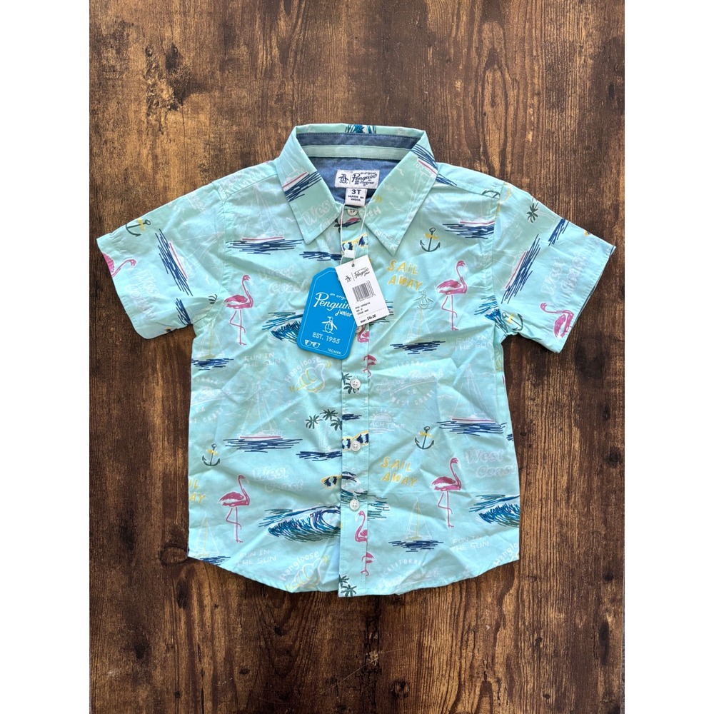 Original Penguin Junior Boys 3T Mint Flamingo Beach Print Button Down Shirt